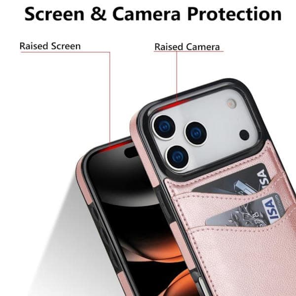 iPhone 17 Pro Max Cover - Litchi-læder med kortplads Rosa Guld Roséguld