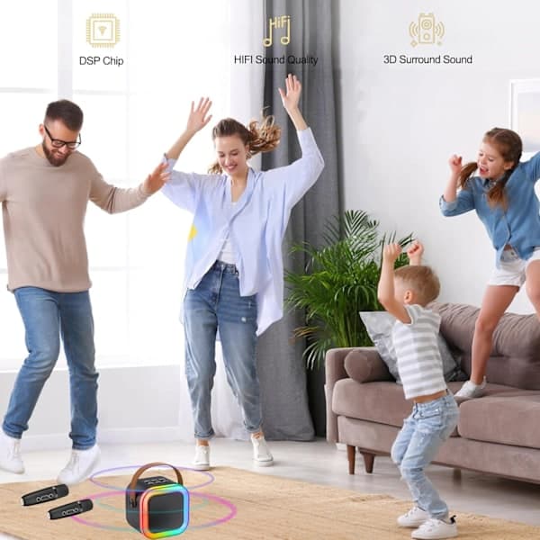 Mini Karaoke-laite lapsille ja aikuisille – Kannettava Bluetooth-kaiutin 2 mikrofonilla, lasten mikrofonit