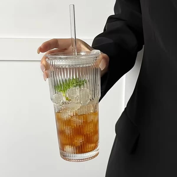 3-pack 550–600 ml glaskaffekoppar med lock och sugrör – mångsidiga drickmuggar
