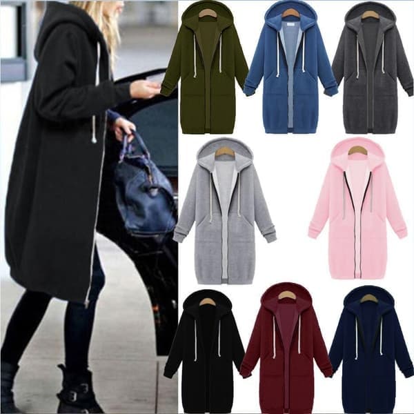 Hettegenserjakke for kvinner med glidelås, langermet midtlang hettegenser - Lys grå - Størrelse 5XL Lys grå 5XL Light Gray L