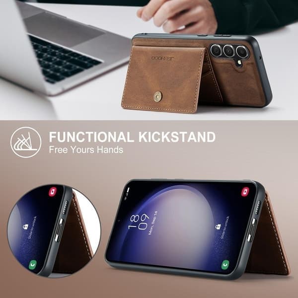 (Til Samsung S24FE) Etui med stander & pung 4 kortpladser 360 beskyttelse Stødsikkert Slankt design sort brun