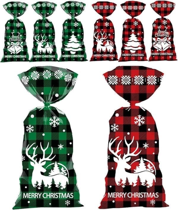Julkakpåsar, cellofanpåsar med dragsko, julgodispåsar, presentpåsar för kakor, godis och tårta