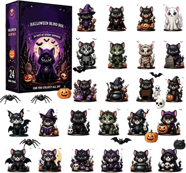 Halloween Sort Kat Blind Box Julekalender, 24-Gitter Akryl Standee Spooky Kattepynt