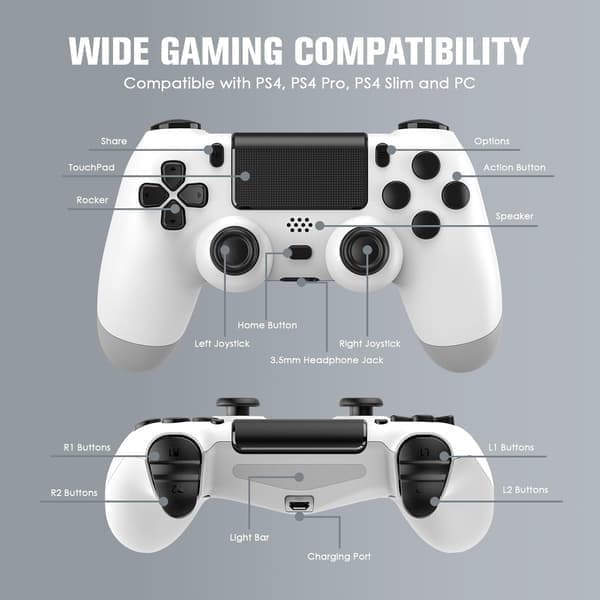Trådløs controller 2-pak til PS4/Slim/Pro, controllere til PlayStation 4 med dobbelt vibration/3,5 mm lyd/opladningsport og 2 kabler hvid white