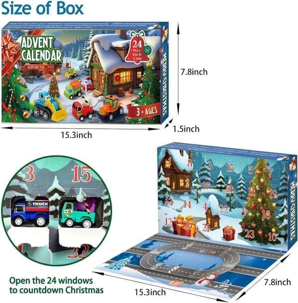 Adventskalender Bilar 2025 – Julkalender med 24 Minibilar, Julklapp för Barn