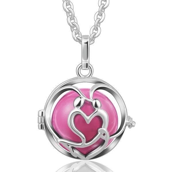 Gravid bola hjärta och rosa klocktecken * Halsbandslängd: 114 cm * Hängsmaterial: Koppar, silverpläterad *