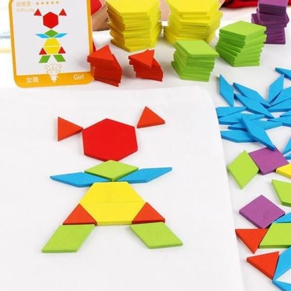 Geometriska former av träspel - Montessori - Reproduktion av bilder - 155 bitar - 24 kort - Trä