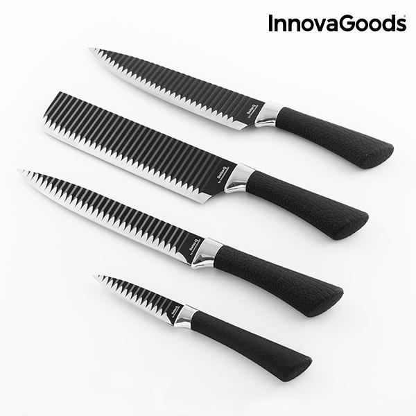 Låda med 4 köksknivar i rostfritt stål (4 stycken) - Rippling på bladen, maten fastnar inte