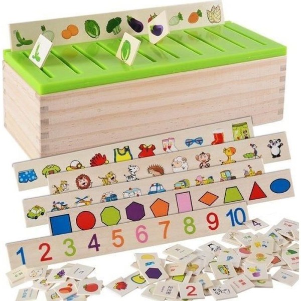 Trälåda - Montessori - Sortering av former och föremål - 8 brädor - 80 stycken