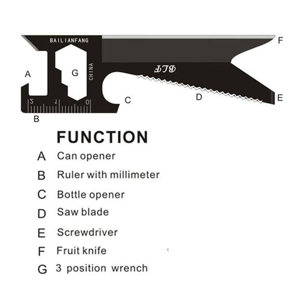 Multiverktygskort 7 Funktioner i rostfritt stål överlevnad * Material: rostfritt stål * Skyddsfodral * Nyckelring * 7 verktyg