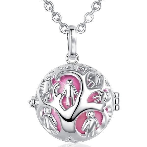 Släktträd graviditetsbola med rosa klocka * Halsbandslängd: 114 cm * Hängsmaterial: Koppar, silverpläterad *