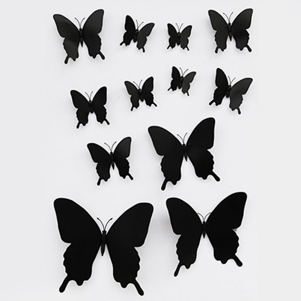 12 stk/sett 3D svart Pteris Butterfly Wall Sticker Sommerfugler Ma Black onesize