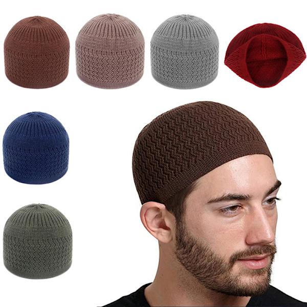 Avslappet strikket muslimsk menns bønnhatt Vinter varm beanie lue I Gray