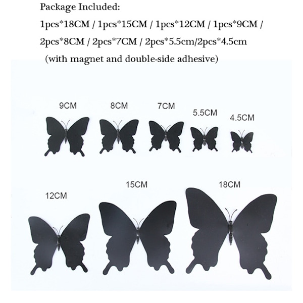 12st/ set 3D svart Pteris Butterfly Väggdekal Butterflies Ma Black onesize