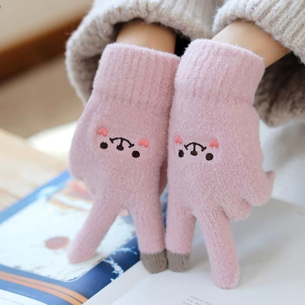 1 par Vinter varme plysjhansker Smile Strikket Five Finger Touch Pink One Size