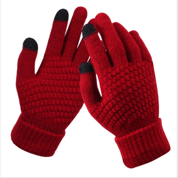 Kvinder Vinter Touch Handsker Varm Stretch Strik vanter Full Finge Red one size