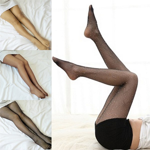 Nya kvinnor Crystal Rhinestone Fishnet Net Mesh strumpor T Black 76cm