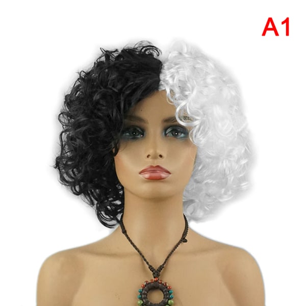 Film Cruella Black and White Short Curly Wig Heat Resistant Sy A1