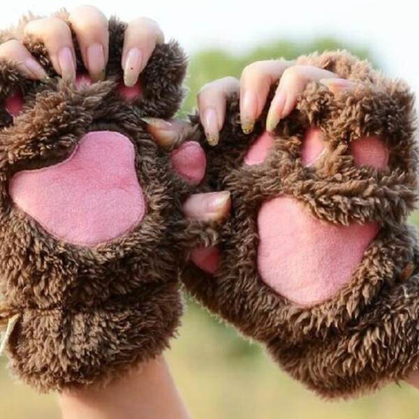 e Cat Claw Plysch vantar Fluffy Bear Handskar Kostym Half Finger Beige one size