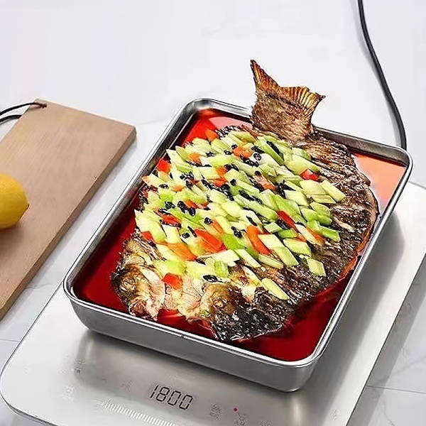 Rustfrit stål Firkantet Plade Bakke BBQ Plade Container Køkken Silver without cover