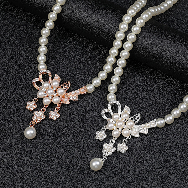 1 Set Glansigt Falska Pärlor Strass Blomma Brud Halsband Örhängen Silver