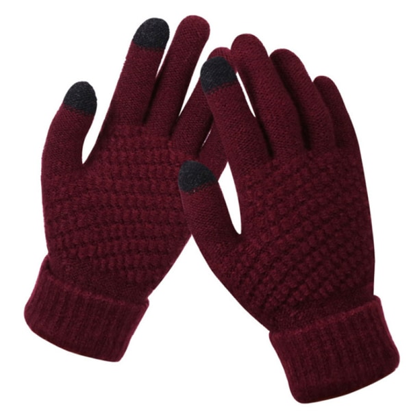 Kvinder Vinter Touch Handsker Varm Stretch Strik vanter Full Finge Wine red one size