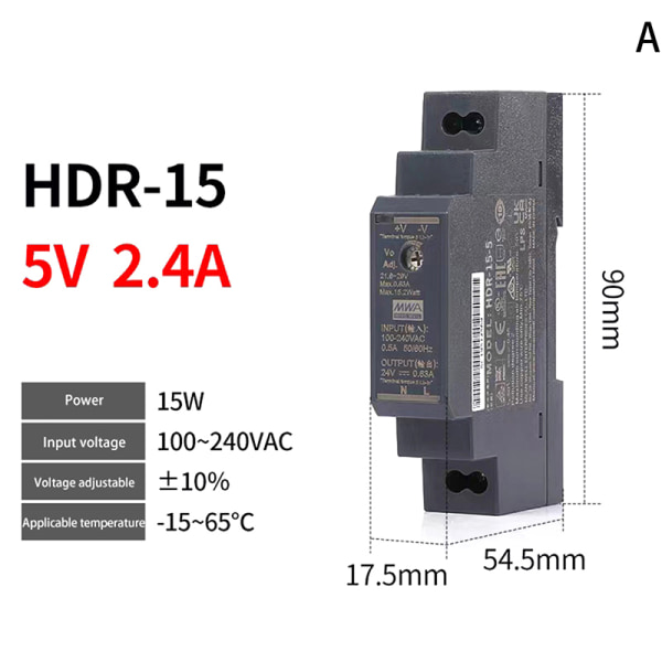 Rail Switching Power Supplies DC HDR-15W/30W-5V/12V/15V/24V Hal black HDR-15-5V/2.4A