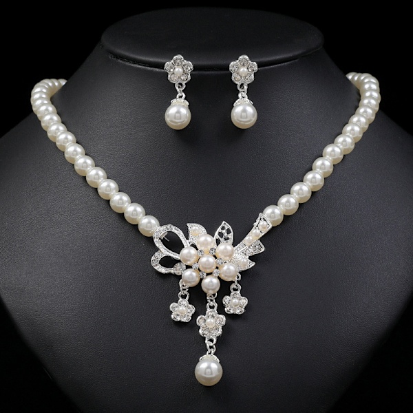 1 Set Glansigt Falska Pärlor Strass Blomma Brud Halsband Örhängen Silver