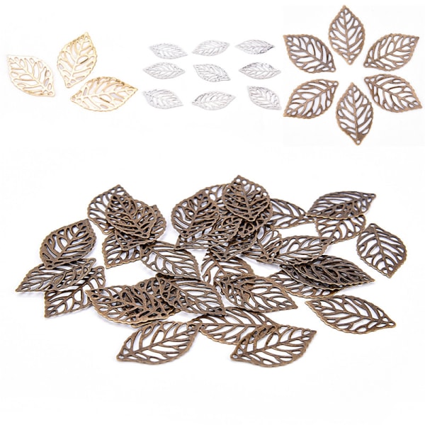 100 st Charm Filigran ihåliga blad hänge DIY smycken gör Bronze 100pcs