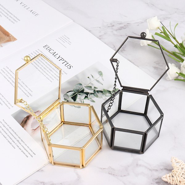 Geometrisk glas smyckeskrin Smycken Organisera Hållare Ring Box Gold one size