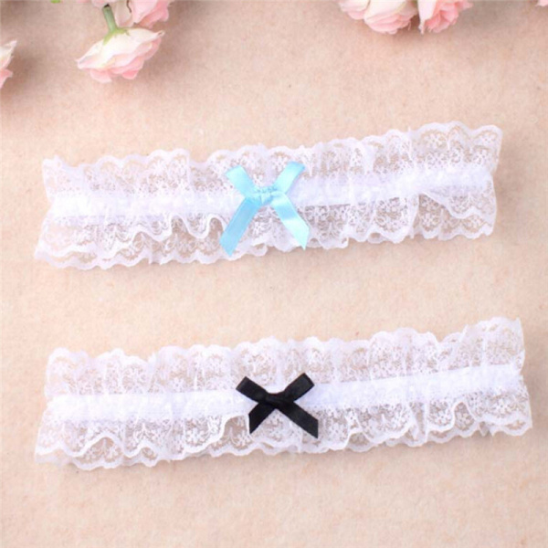 Dubbelfärgad spetsband Bowknot Bröllop brud höna present strumpeband Blue One Size