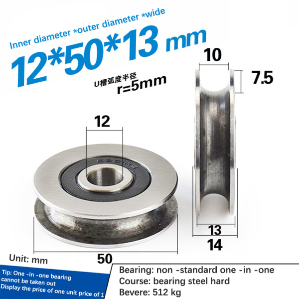 12*50*13mm spårhjul Metall U-spår ståltrådslyftning A2 A2