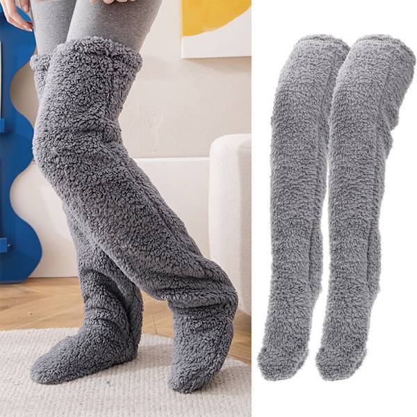 Over Kne High Fuzzy Long Socks Plysjstrømper Benvarmere Vinn Gray one size