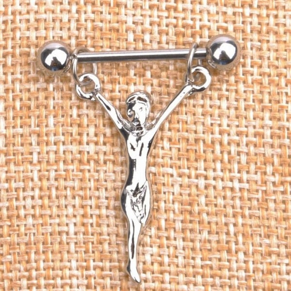 Kirurgiskt stål män form nippel bar barbell sköld ring kropp Pi Silver One Size