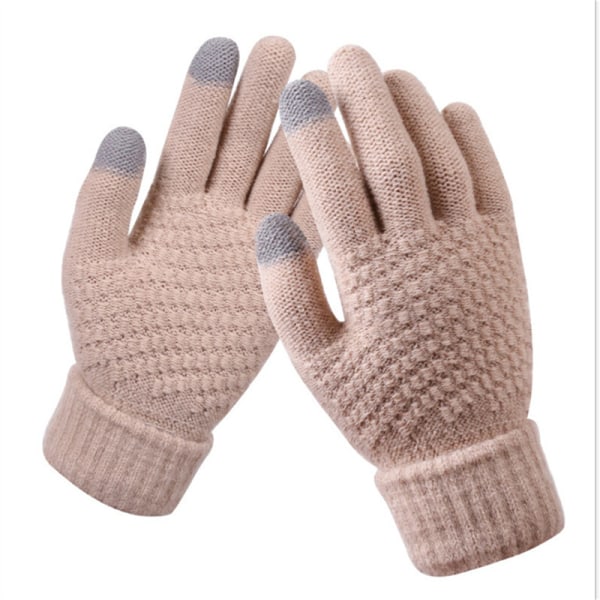 Kvinder Vinter Touch Handsker Varm Stretch Strik vanter Full Finge Beige one size