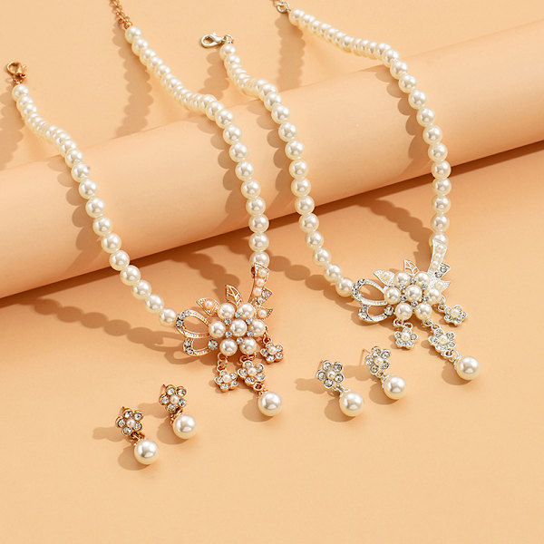 1 Set Glansigt Falska Pärlor Strass Blomma Brud Halsband Örhängen Rose Gold