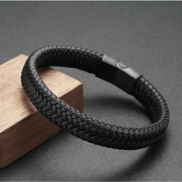 Klassisk sort læderarmbånd til mænd Håndsmykkegave 18.5cm
