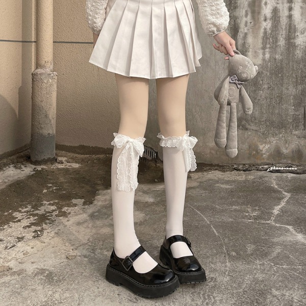 Japan Lolita blondestrømper Dame Søte Kowknot høye knestrømper A2 One Size