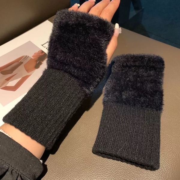 Myk plysj vinterhalvfingerhansker kvinner strikket fingerløs G Black onesize