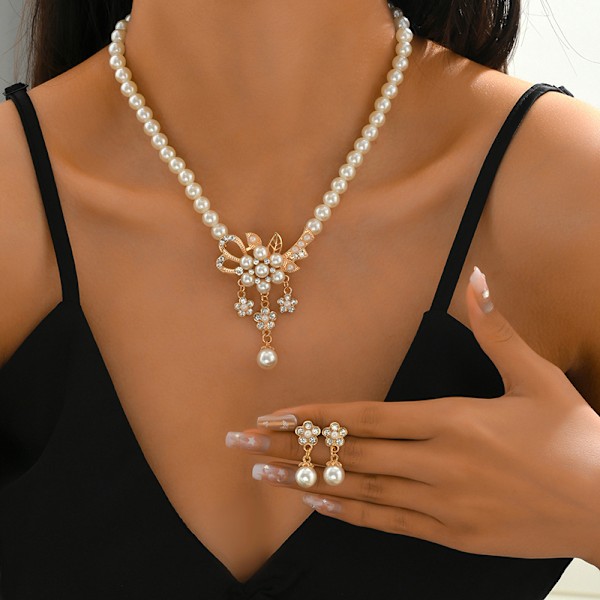 1 Set Glansigt Falska Pärlor Strass Blomma Brud Halsband Örhängen Silver