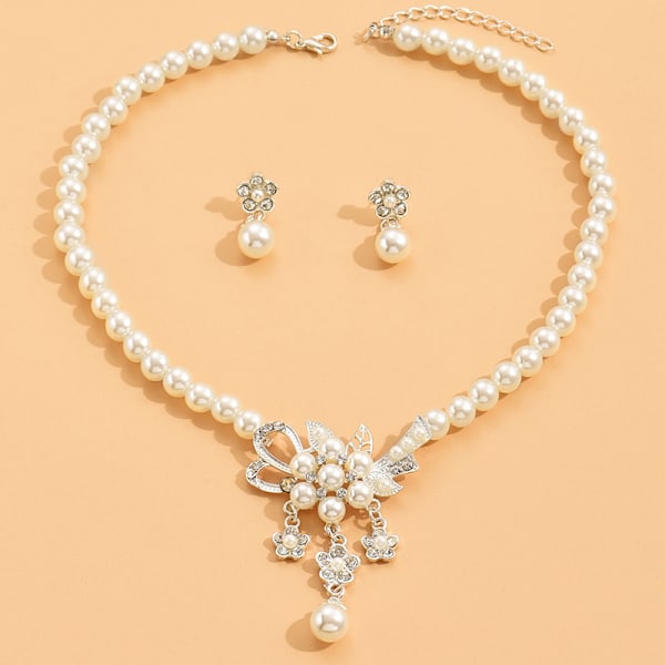 1 Set Glansigt Falska Pärlor Strass Blomma Brud Halsband Örhängen Silver