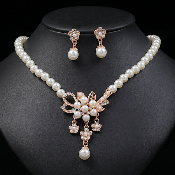 1 Set Glansigt Falska Pärlor Strass Blomma Brud Halsband Örhängen Rose Gold