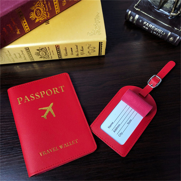 Enkel passholder og bagasjemerke Lær reisesett Kupp Red C8