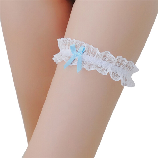Dubbelfärgad spetsband Bowknot Bröllop brud höna present strumpeband Blue One Size