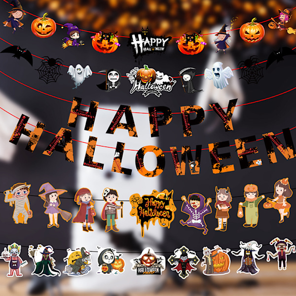 Happy Halloween Papirbanner Gyser Græskar Hexe Kranium Hallowe K02