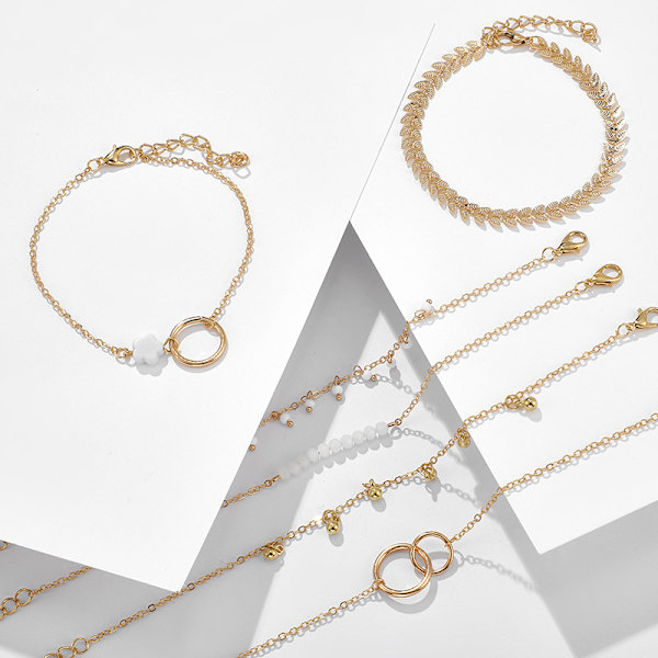 6 stk/sæt Boho armbånd sæt kvinder kvaster blade cirkulære kæder Gold