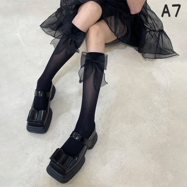 Japan Lolita blondestrømper Dame Søte Kowknot høye knestrømper A7 One Size