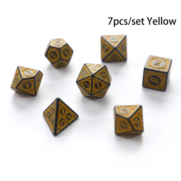 Set tärningssats med 7 tärningar med snidade mönster D4 D6 D8 D10 D% D12 D2 Yellow 7Pcs