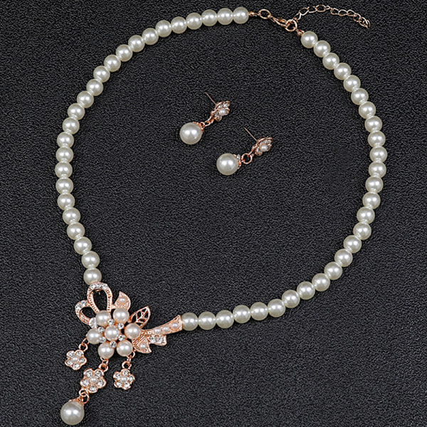 1 Set Glansigt Falska Pärlor Strass Blomma Brud Halsband Örhängen Silver
