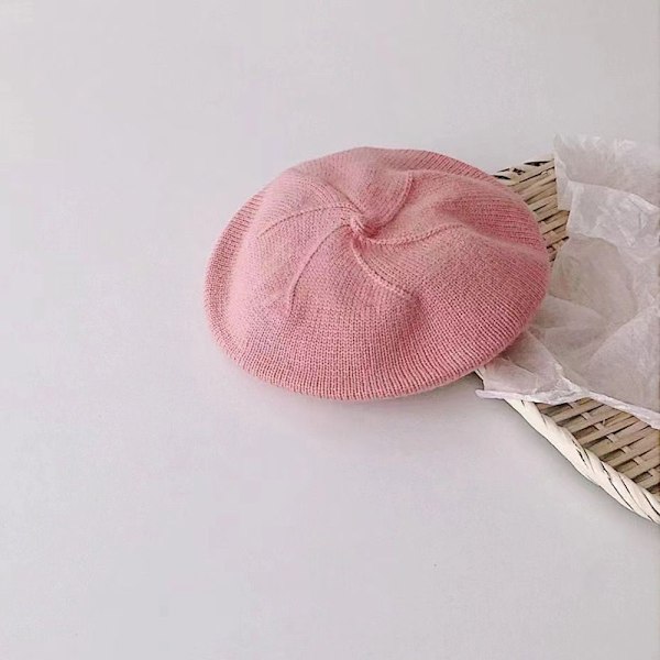 Modebebistickad Beret Hatt Solid Färg Barn Varm Pink